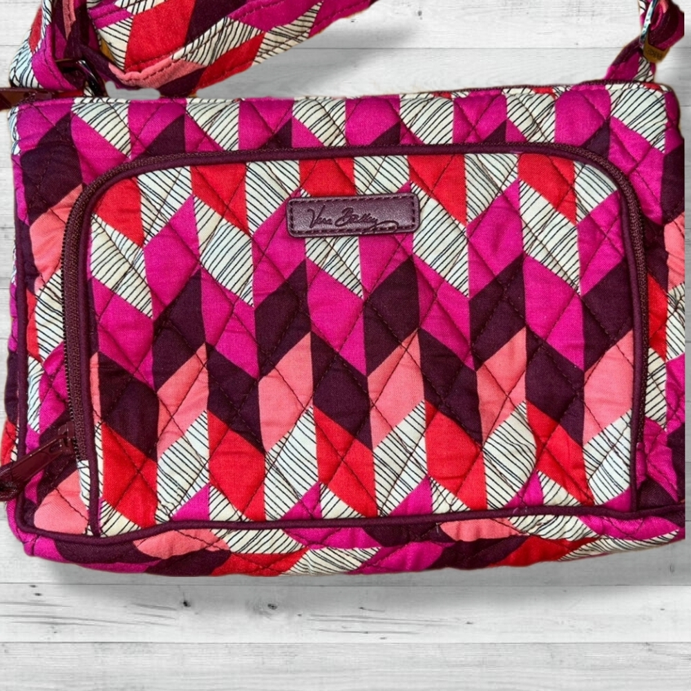Vera Bradley Pink and Red Crossbody Bag with Quilted Geometric Pattern Design